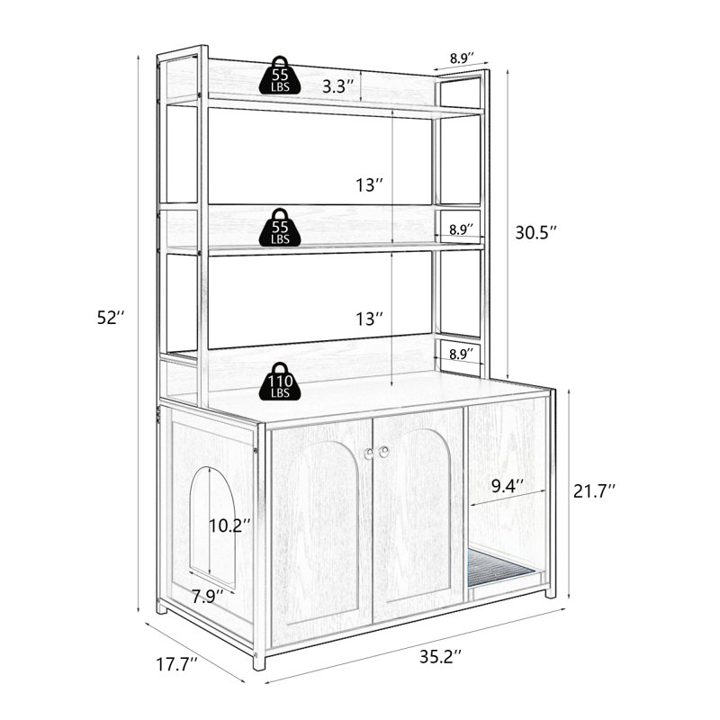 Grand bac à litière avec rangement pour tablette, meubles de toilette cachés pour chat, maison de chat en bois avec patin à griffes, armoire pour chat robuste avec 2 portes