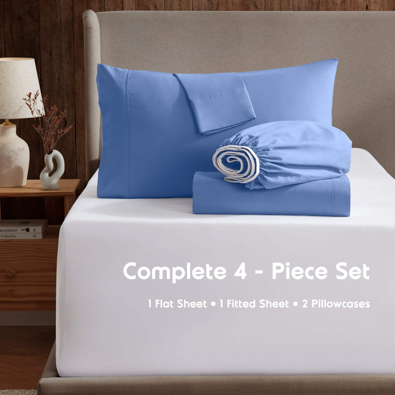 Ensemble de draps 4 pièces Luxury, Twin XL Fitted Sheet with 2 Pillowcases, Calm Blue