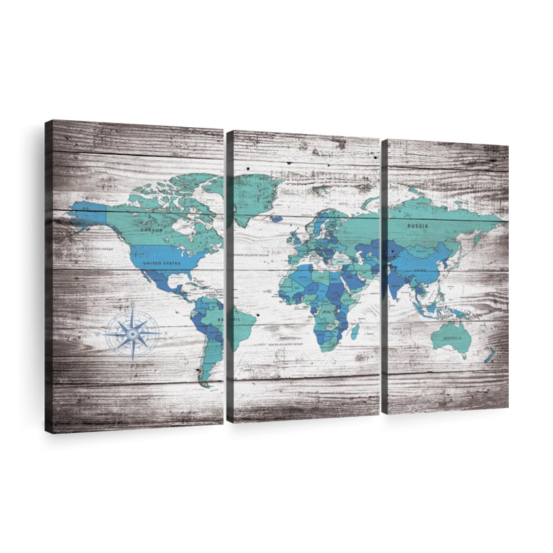 «Aged World Map XXX», ensemble de 3 reproductions sur toiles par Jorge S, H 24 po x l 38 po x P 1,25 po