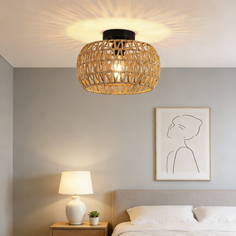 Plafonnier encastré en rotin de 12 pouces avec lustre Boho tissé à la main avec douille E26 pour maison de campagne, chambre à coucher, cuisine, couloir et entrée