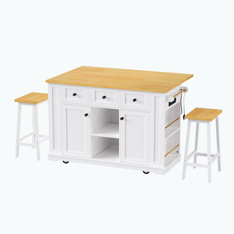 Grand îlot de cuisine de 53 po avec 2 tabourets de bar et prise de courant, Blanc
