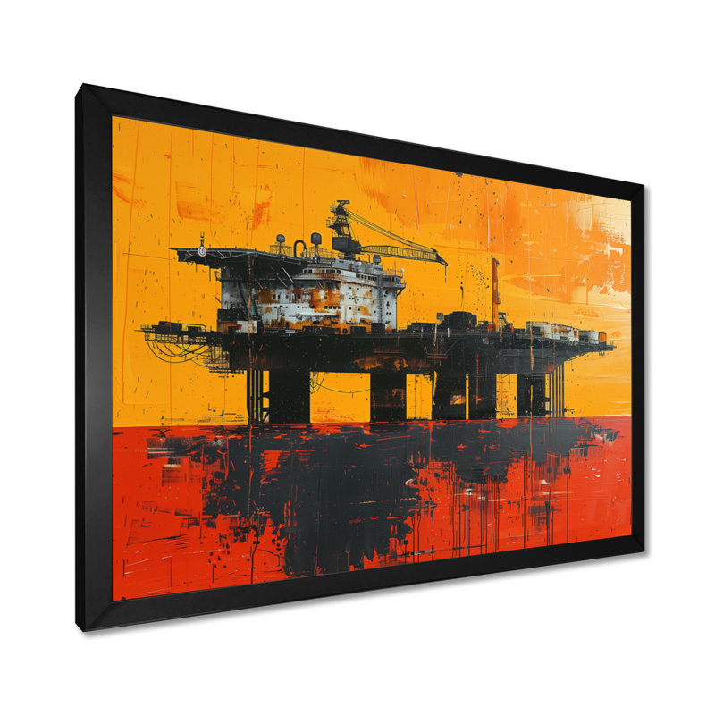 «Orange Orange Oil Plateform Ocean Drill - Oil Rigs / Fields», reproduction d'art, Toile encadrée noire simple