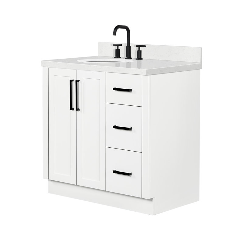   Kayleigh 36 Inch Left Offset Single Oval Sink Bathroom Vanity with Carrara White Quartz Countertop 1.5 Inch in White, Oval