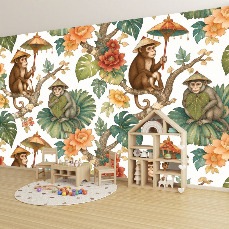 Papier peint adhésif peler et coller parapluie de singe chinois, art floral chinois sans soudure, adhésif et amovible