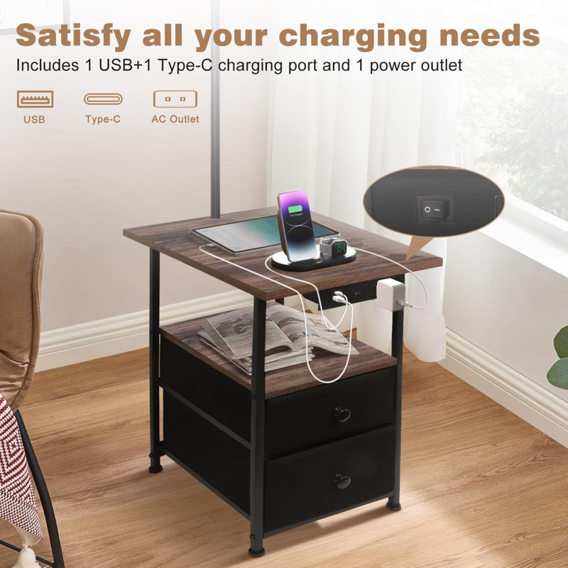 Floor Lamp With Side Table, 2 Storage Drawers & Adjustable Reading Light, USB/Type C/AC Charging Ports, 3 Color Temperatures For Bedroom, Living Room, Home Office
