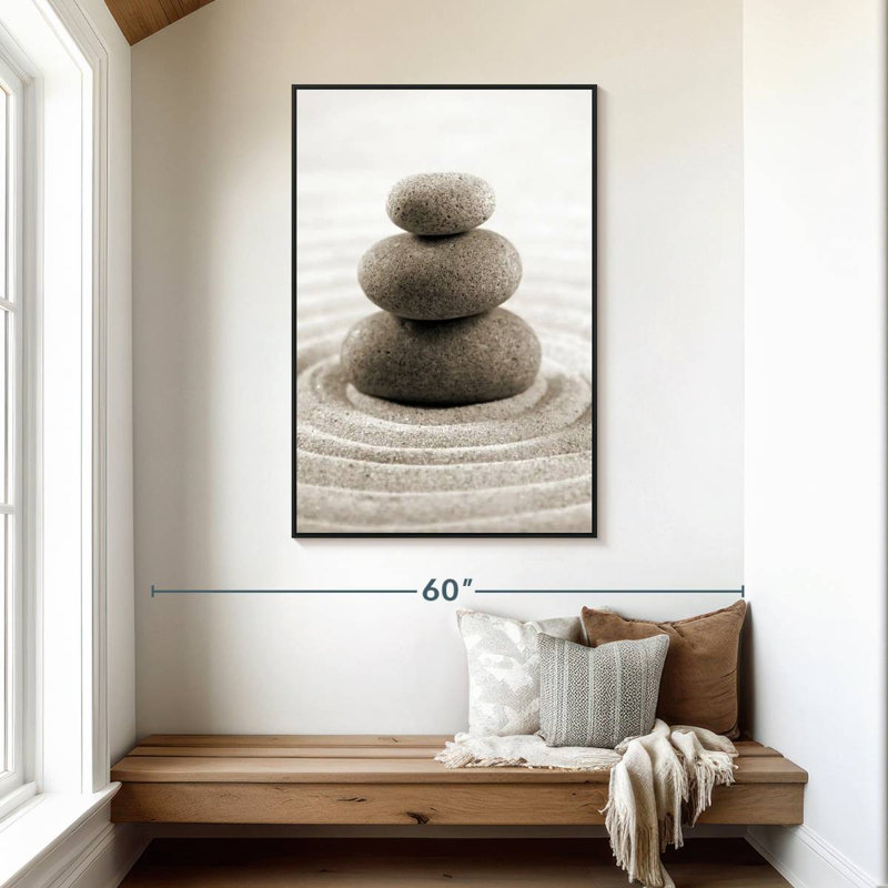 Pierre empilée sur un jardin zen, 31 po x 46 po, Cadre flottant noir