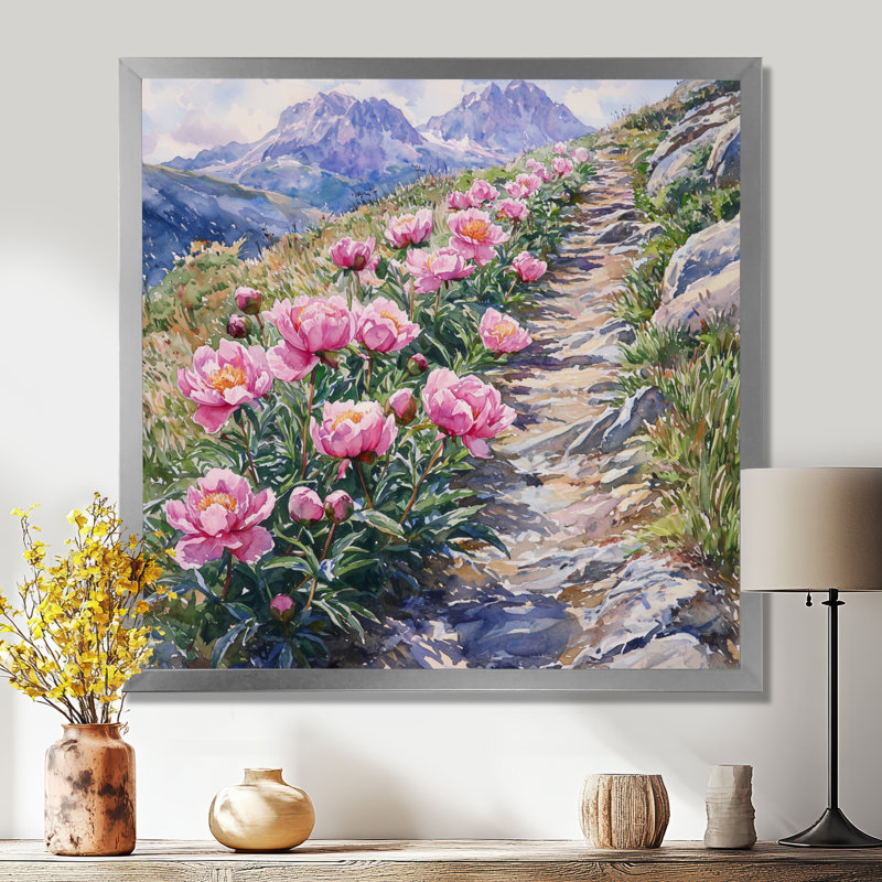 Pivoines le long du sentier de montagne III - pivoines, art mural, Reproduction encadrée d'une seule photo, Argent argent