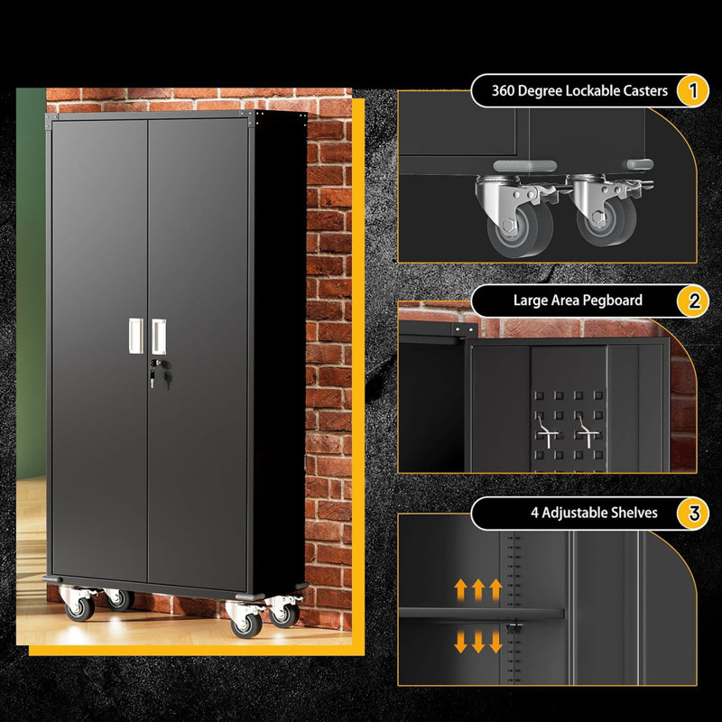 Armoire de rangement pour garage avec portes verrouillables et 4 tablettes réglables, Noir, noir, noir, noir