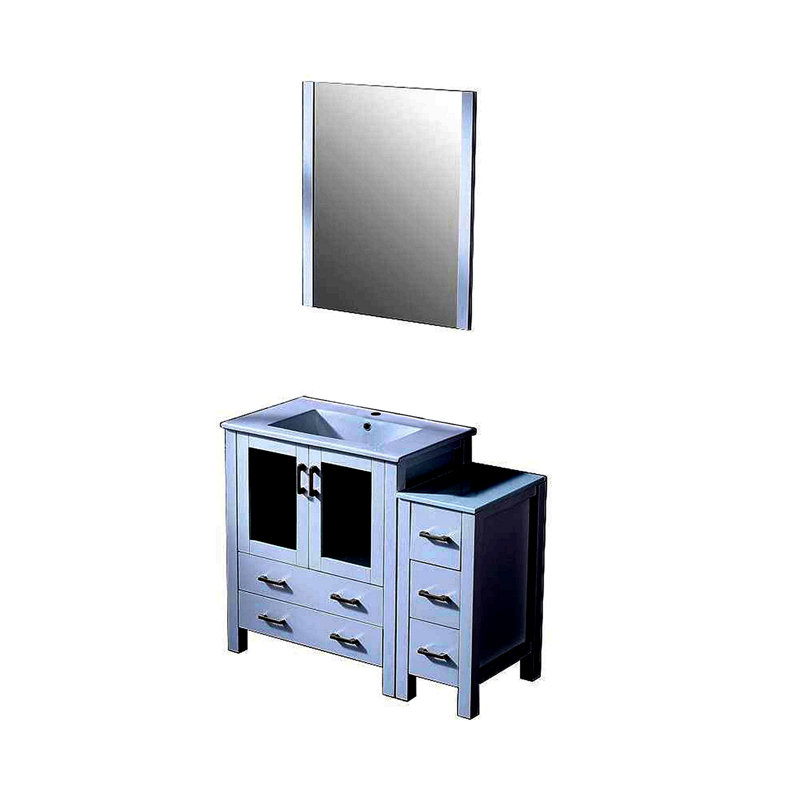 Meuble-lavabo pour salle de bain 42 po X P 18,25 po D, avec armoire latérale, plateau en céramique blanche et Miroir, Blanc