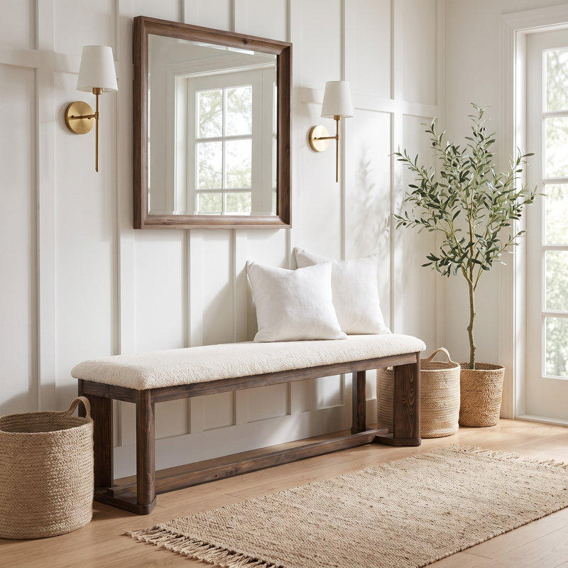 Banc rembourré en bois massif 63 po, banc pour chaussures avec coussin d'entrée