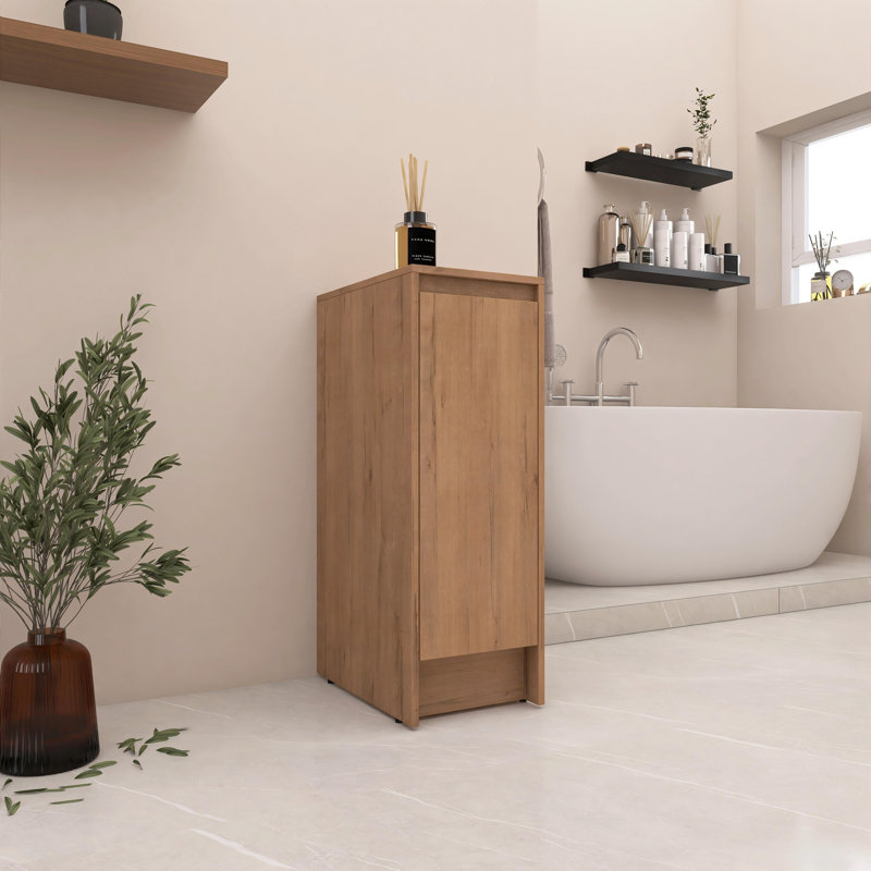 12 Inch Freestanding Bathroom Storage Cabinet, Soft Close Doors, Imitative Oak