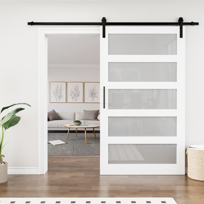 84''H White Wood Glass Paneled Sliding Barn Door with Installation Hardware Kit