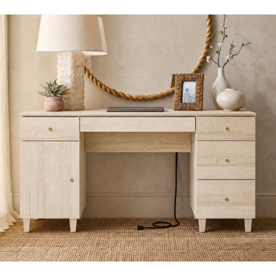 58" Wooden Vanity Desk With Drawers And Storage Cabinet, Modern Makeup Dressing Table With Charging Station For Bedroom