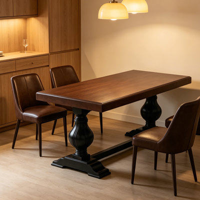 62.99" American Vintage Dining Table, Solid Ash Wood, Double-Column Base, Farmhouse Table, Home Dining Reception Furniture
