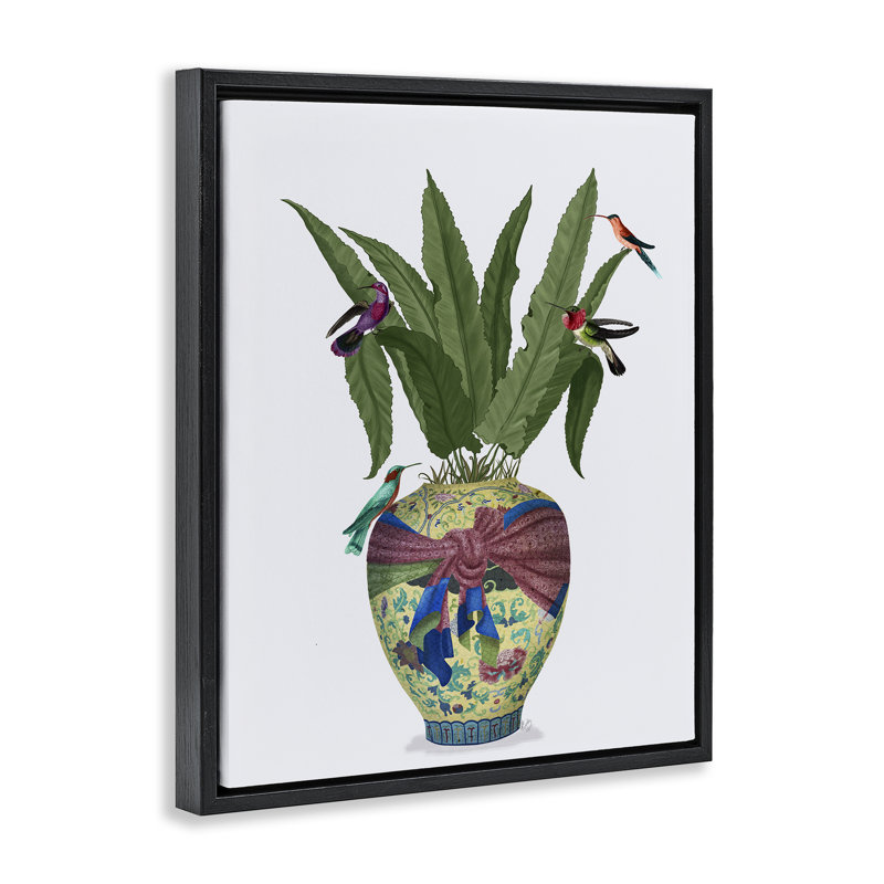 Art mural sur toile flottant, "Traditional Birds on Planter" par Fab Funky, H 21 po x l 17 po, Cadre flottant noir de jais