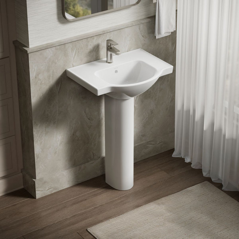 Veer™ Ceramic Pedestal Bathroom Sink with Overflow, White, Single, 35.5" H x 24" L x 18.25" W