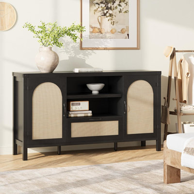 59.1'' Rattan Buffet Cabinet with Storage,  Kitchen Coffee Bar Cabinet with Doors and Drawer,  Boho Farmhouse  Sideboard with Adjustable Shelves and Handle for Kitchen, Living Room, Black