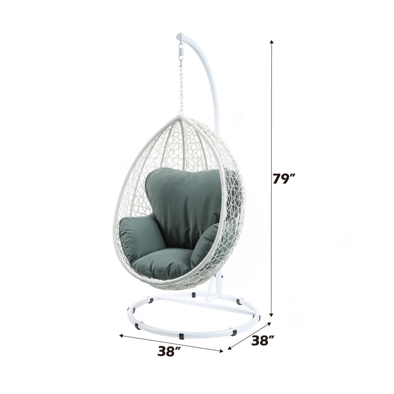 Chaise suspendue Simona en tissu vert et osier blanc, Coussin vert / cadre blanc