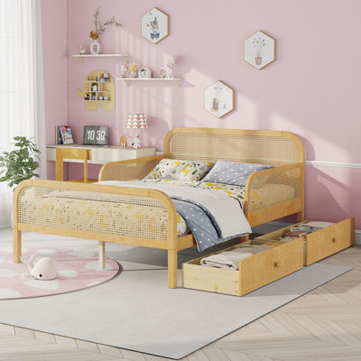Full Size Rattan Platform Bed with Storage Drawers and Headboard