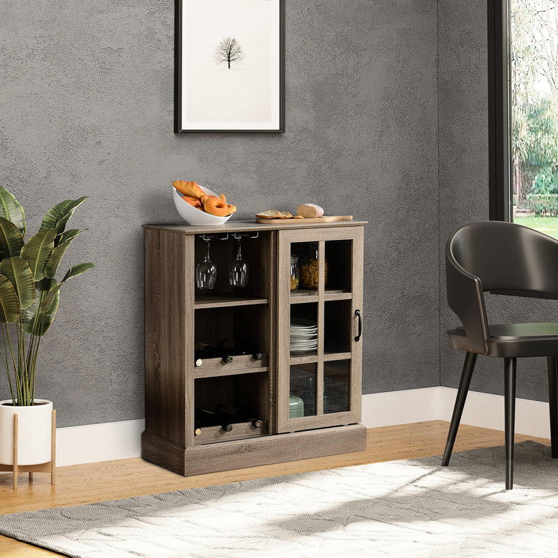 Buffet de cuisine avec support à vin - 3 tablettes, poignée noire antique, armoire de bar brune pour un rangement organisé et élégant, capacité totale de 110 lb