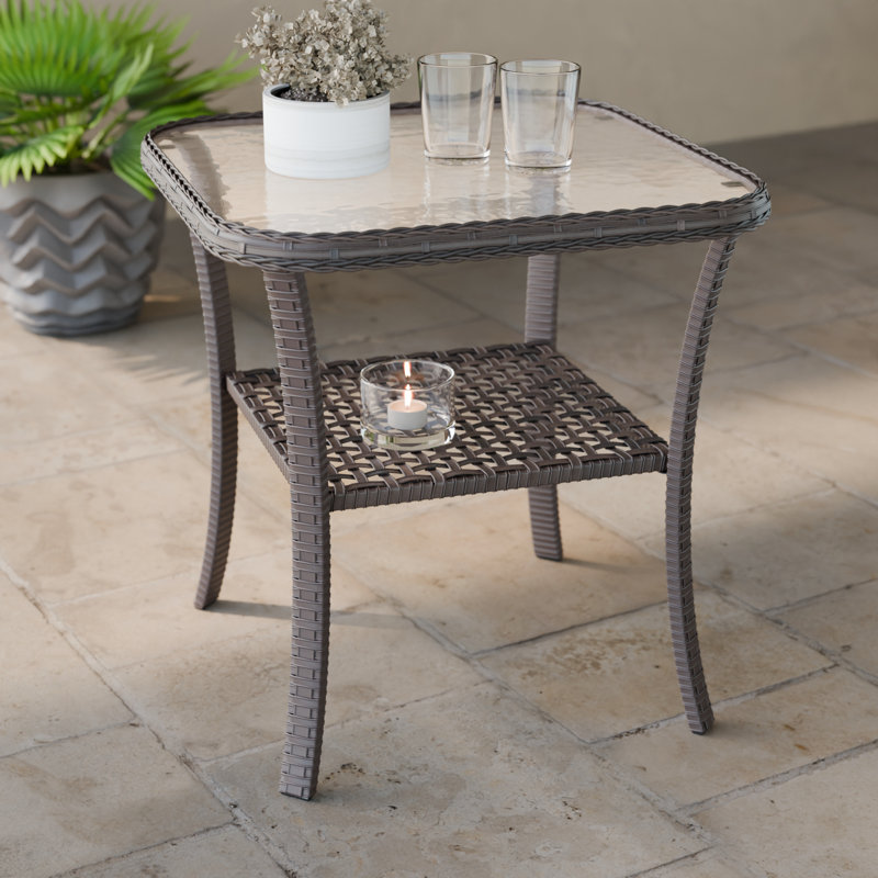 Wicker Rattan Side Table With Glass Top, Brown