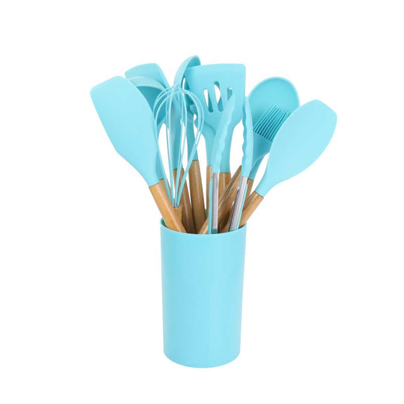 MegaChef Light Teal Silicone and Wood 12-Piece Cooking Utensil Set