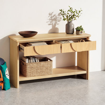 Console cannelée de 55 po - Tiroirs semi-circulaires avec bandes verticales, plateau en bois massif, fermeture en douceur, tablette de présentation inférieure, vestibule / salon / bureau à usages multiples