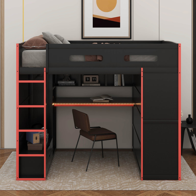 Full Size Wood Loft Bed With Desk,Wardrobe,Ample Storage Space And RGB LED Light, Red/Black