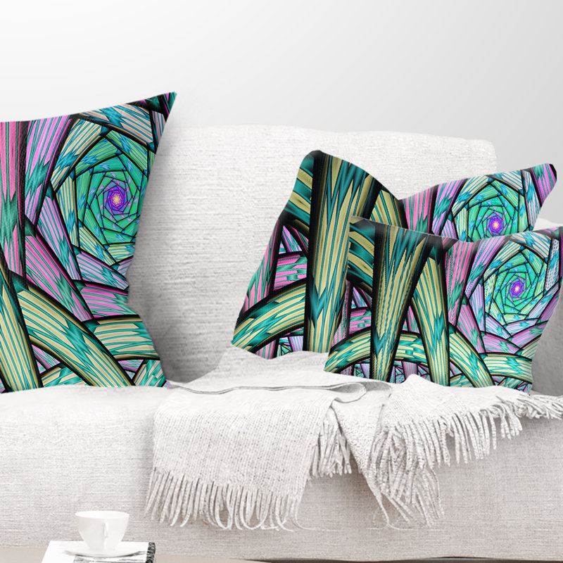 Fractal Endless Tunnel - Coussin imprimé abstrait, Vert / Noir / Mauve