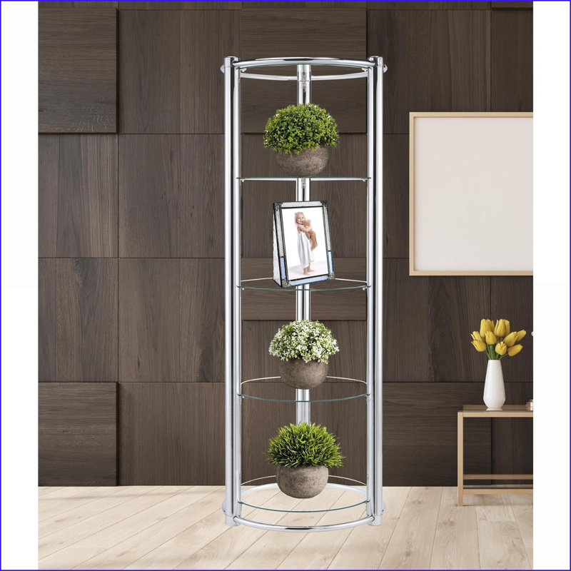 Présentoir à 5 tablettes triangulaires en verre trempé et cadre chromé argenté moderne | Chrome, verre | Espace de vie principal