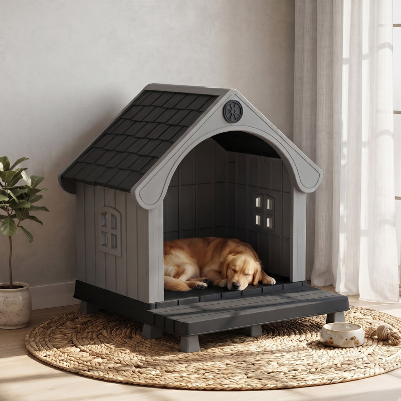 Niche pour chien en résine imperméable 37,74 "avec porche couvert (noir), Noir/gris