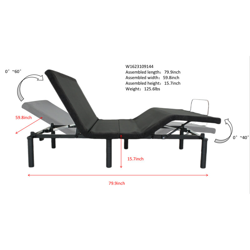Base de lit ajustable électrique pour grand lit. Télécommande, pliable. Tête indépendante (0 - 60) et pied 40 réglables. Structure en acier, stable. Pieds, zéro. Sous les lumières, les chargeurs. ,. Assemblage simple