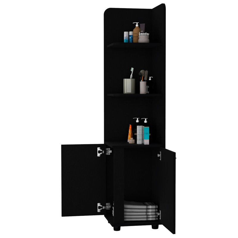 Black 2-door Cabinet With 3 Bathroom Corner Shelves - Freestanding Storage For Standing Freely