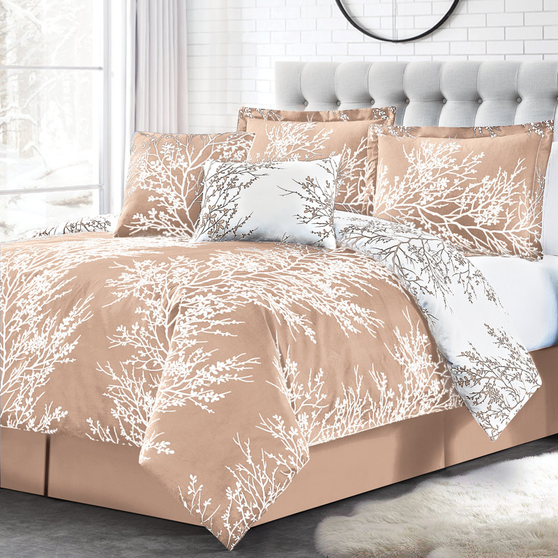 Taupe Twin Reversible Microfiber Comforter Set with Foliage Design