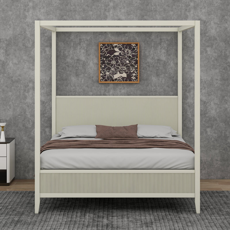 Cadre de lit à baldaquin avec tête de lit, lit plateforme en bois à 4 affiches de style Mid-Century avec support en lattes de bois