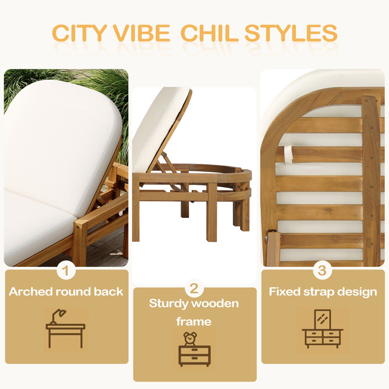 Chaise longue d'extérieur, fauteuil inclinable en bois d'acacia de qualité supérieure avec dossier arqué, dossier réglable à 5 positions
