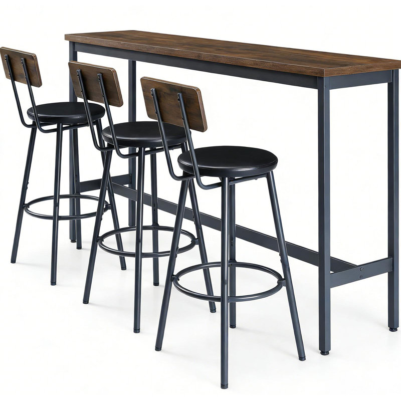 Ensemble de table de bar et de chaises pour 3, ensemble de table de salle à manger industriel 4 pièces avec 3 tabourets de bar rembourrés en polyuréthane, ensemble de table de bar pour la cuisine, la salle à manger, le salon, le bar, le café, le coin petit espace, brun rustique
