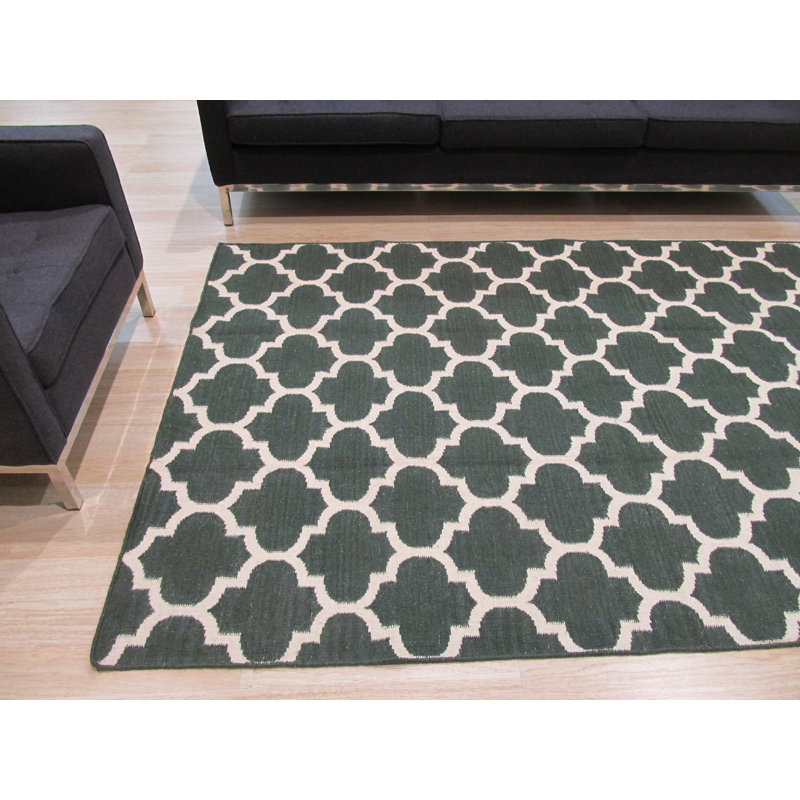 Flatweave Wool Geometric Area Rug, Rectangle 9' x 12', Green