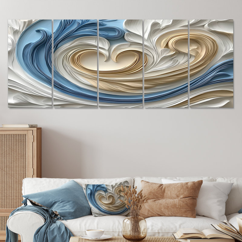 «White Spiraling Hearts Accents With Blue I», ensemble d'art sur toile à spirales abstraites, H 32 po x l 80 po
