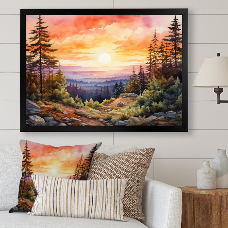 Pin, horizon rose sur toile, Cadre simple noir, H 12 po x l 20 po x P 1 po