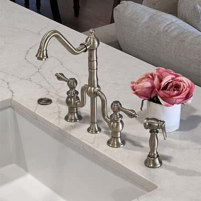 Whitehaus Bridge Faucet with Long Traditional Swivel Spout, Solid Side Spray