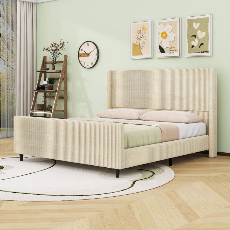Lit plateforme tapissier avec tête de lit, Crème, Très grand