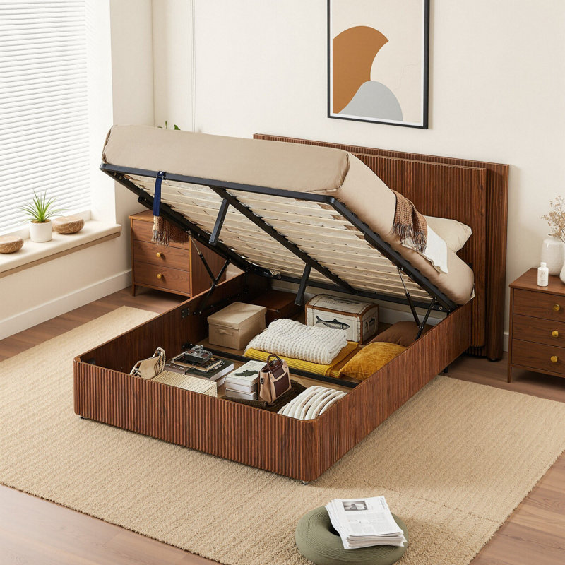 Lift Up Hydraulic Storage Bed Frame, Brown, Queen