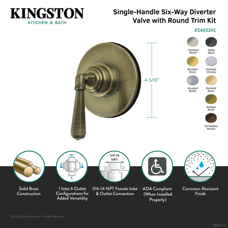 Kingston Brass Metropolitan Single-Handle Wall Mount Six-Way Diverter Valve with Trim Kit, Polished Brass