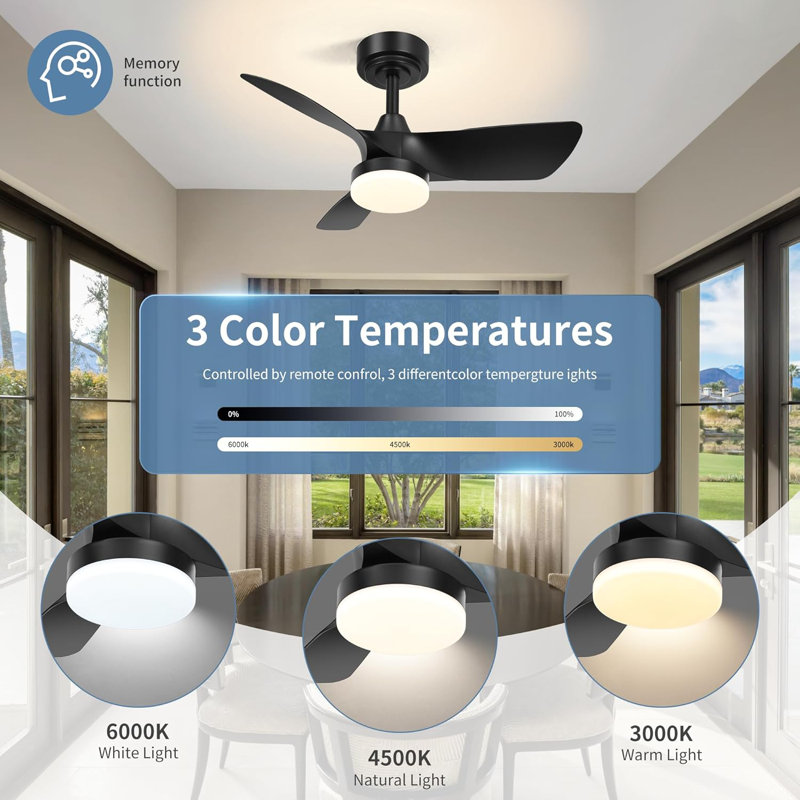 30" Flush Ceiling Fans with Lights & Black Blades,Low Profile Light and Fan with Remote,Small Modern Flush Mount Ceiling Fan with 3 Colour Led for Living Room Bedroom Kitchen