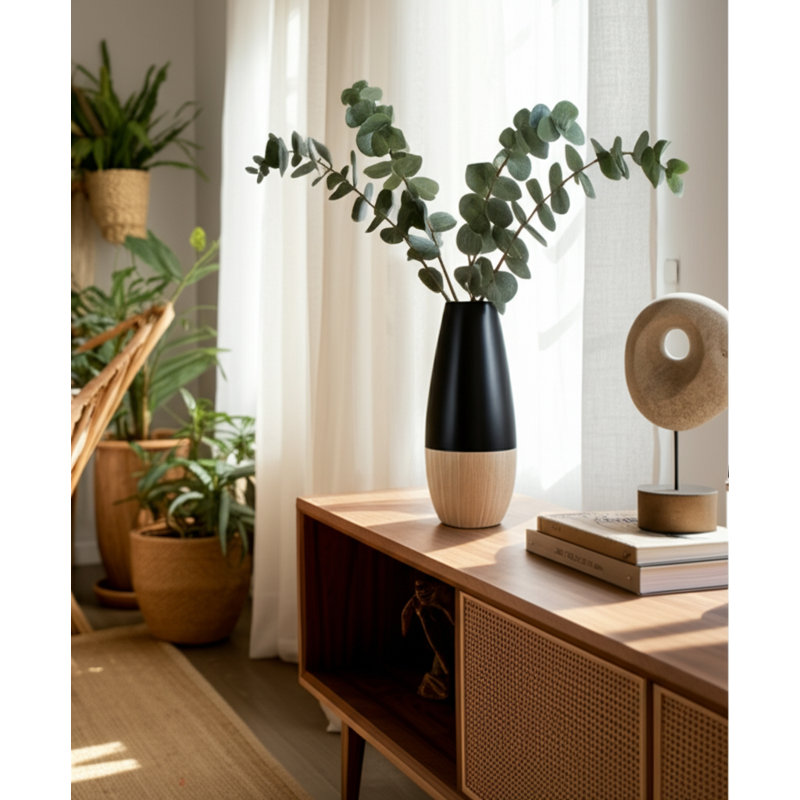 Stoneware Ceramic Vase - Modern Boho Decorative Accent with Sleek Design and Textured Base, Brown/Black, 17" H x 7" W x 7" D