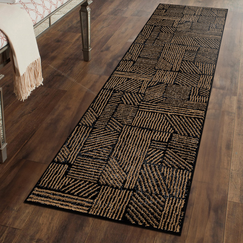 Rambo Geometric Black/Ivory Area Rug, Runner 2' x 7', Camel
