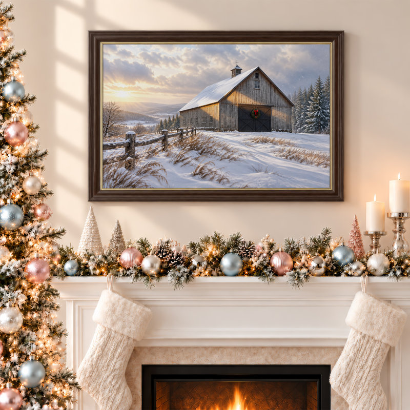 Art mural sur toile rustique avec grange rouge dans un champ d'hiver enneigé, H 16 po x l 24 po
