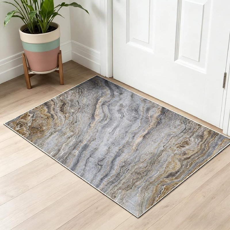 Magnifique tapis intérieur doré lavable à la machine, en marbre gris bouclé avec motif abstrait En Agate