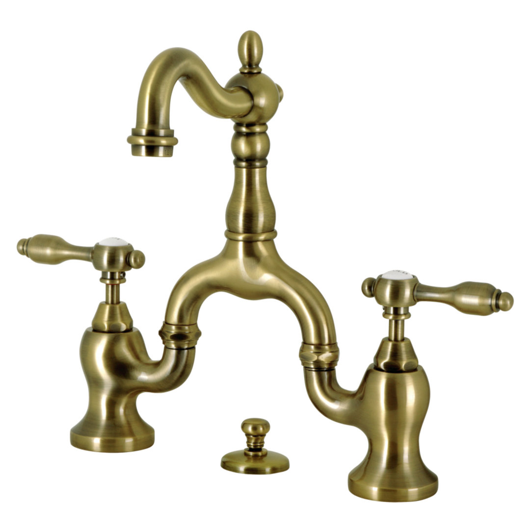 Kingston Brass Tudor Two-Handle 3-Hole Deck Mount Bridge Bathroom Faucet with Brass Pop-Up Kingston Brass 